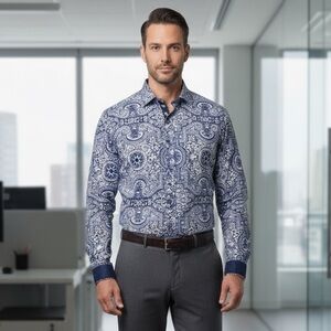 💙🤍 Au Noir Blue and White Paisley Patterned Long Sleeved Dress Shirt Size 7 XXL